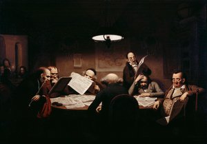 “阅览室” 男人们围坐在昏暗的桌子旁阅读报纸 - Johann Peter Hasenclever (1810-1853) 的绘画，1843 年柏林国立博物馆