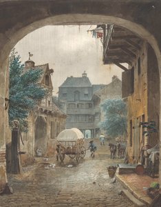 科尔马一家旅馆的院子里的景色，1821-77年。