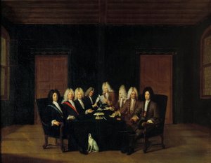 西班牙王位继承战争：“1714 年 7 月 9 日，在博登和平大会上，全权代表聚集在维拉尔侯爵公爵和萨伏依-卡里尼昂的尤金亲王（萨瓦·卡里尼昂，苏瓦松伯爵（1663-1736）周围）” ” 约翰·鲁道尔 (Johan Rudol) 作画 作者 约翰·鲁道夫·约翰·胡贝尔