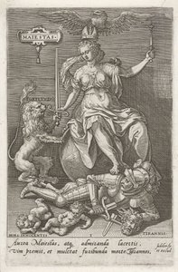 尊严（Majestas）战胜暴政（Tirannis）
Maiestas（物品上的标题）
美德战胜恶习（系列名称） 作者 约翰·萨德勒（一）