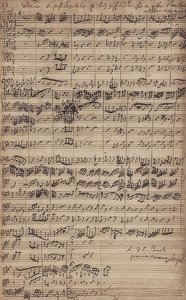 大合唱的手稿是得救和来到这里（BWV 9） 作者 约翰·塞巴斯蒂安·巴赫（Johann Sebastian Bach）