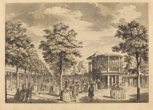 沃克斯豪尔花园，展示了花园入口处的大通道和乐队的音乐演奏 作者 塞缪尔·威尔之后的约翰·塞巴斯蒂安·穆勒