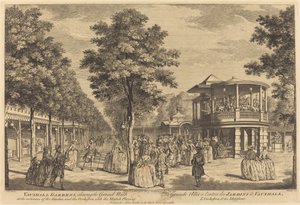 沃克斯豪尔花园，展示了花园入口处的大通道和乐队的音乐演奏 作者 塞缪尔·威尔之后的约翰·塞巴斯蒂安·穆勒