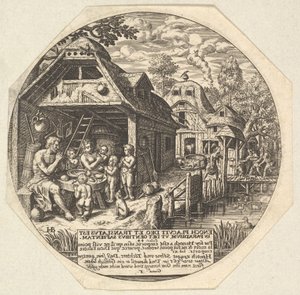 伊诺克（Enoch）和他的家人围着餐桌，手牵着手在手势中，...。 1580-1623。