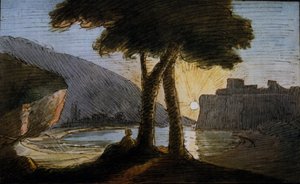 在罗马废墟上的日落。 约翰·沃尔夫冈·冯·歌德（Johann Wolfgang Von Goethe，1749-1832 年）的水彩画。 19世纪初