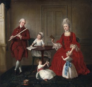 洛可可 : James Blew 夫妇及其三个孩子在优雅的室内的肖像 Johann Zoffany (Zauffelij) (1733-1810)。 1660-1670，布面油画，75x80,3。 私人收藏