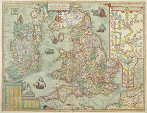 1606 年绘制的英格兰和爱尔兰地图（彩色版画） 作者 约翰·巴普蒂斯塔·弗林茨