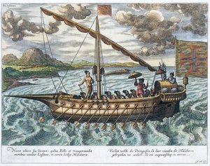 Fusta，来自&39;Jan Huyghen van Linschoten的插图，他的东西西印度群岛的航行&39;，1579-92