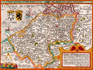 法兰德斯地图，在他的&39;Fasciculus Geographicus&39;的制图师Matthias Quad之后，后来手工着色（彩色雕刻）