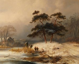 约翰内斯-弗朗西斯库斯-霍普彭布劳威尔（Johannes Franciscus Hoppenbrouwer）冬季森林中的灌木收集器