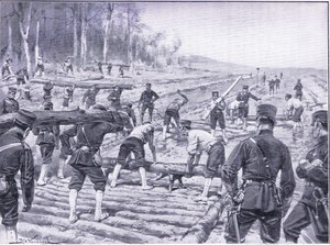 日本工程师为部队构建木材道路，插图来自日本战争的第1卷，c.1900的历史 作者 约翰尼斯·赫尔曼·巴伦德·科克科克（Johannes Hermann Barend Koekkoek）
