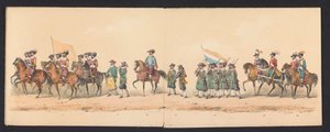 1850 年格罗宁根中学学生的历史庆典（图版 2）
1594 年奥兰治亲王、拿骚伯爵莫里斯和拿骚伯爵威廉-洛德维克进入格罗宁根时的服装表演，由 H.H. 表演。 作者 约翰内斯·赫曼努斯·范德韦耶