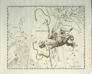 北半球仙女座星座，雕刻自天体图集 Firmamentum Sobiescianum sive Uronographia，约翰·赫维留斯 (Johann Hevelius，1611-1687)，格但斯克 作者 Johannes Hevelius