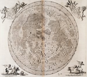 约翰·赫维留斯 (Johann Hevelius) 于 1647 年绘制的第一张详细的月球地图，打印自 Johann Hevelius (1611-1687) 天体地图集 Selenographia sive Lunae descriptio，格但斯克