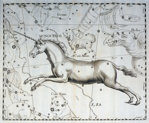 独角兽座，天体图集《Firmamentum Sobiescianum sive Uronographia》中的雕刻，作者约翰-赫维留斯（1611-1687 年），格但斯克 作者 Johannes Hevelius