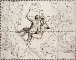 双子座，来自Firmamentum Sobiescianum sive Uranographia的插图，Johann Hevelius (1611-1687), Gdansk 1690. 作者 Johannes Hevelius