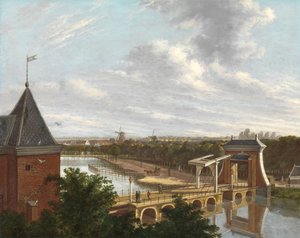 从剧院眺望阿姆斯特丹外护城河和莱德斯堡（Leidsepoort）附近的景色
从市立剧院看阿姆斯特丹外护城河和莱德斯港