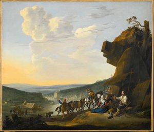 德语：Südliche Landschaft mit Fähre 南部景观，海湾景色，旅行者正在休息
