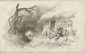 男子坐在沟渠旁的茅草屋前 作者 约翰内斯·塔文拉特