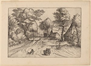 带农场和棚屋的乡村道路 作者 Johannes 和 Lucas van Doetechum 在《小景观大师》之后
