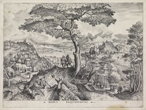 风景与休息的士兵
Milites Requiescentes（物品上的标题）
大型风景画（系列名称） 作者 Lucas van Doetechum 的约翰内斯