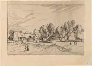 带有教堂塔楼的乡村村庄 作者 Johannes van Doetechum，长老和卢卡斯