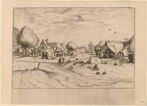 有羊和坐着的牧羊人的乡村村庄 作者 Johannes van Doetechum，长老和卢卡斯
