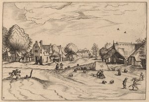 有羊和坐着的牧羊人的乡村村庄 作者 Johannes van Doetechum，长老和卢卡斯