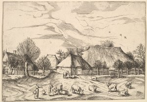 农场，牛与牧民和挤奶员在前面，来自Multifariarum casularu...，1559-61。