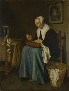 一位老妇人坐在缝纫处，1655年 作者 约翰内斯·范·德·艾克