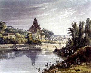 Triel，出自《塞纳河上的风景》，由托马斯-萨瑟兰（生于1785年）雕刻，由R. Ackermann（1764-1834）出版，1821年（彩色平印）。 作者 约翰（后）根德尔