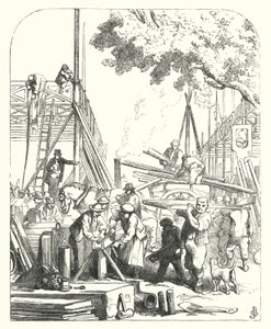 伦敦海德公园水晶宫遗址上的工人，1851 年万国博览会的举办地（版画）