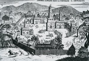 1670年，Stepan Razin领导的哥萨克人进攻俄罗斯阿斯特拉罕要塞。 作者 沃尔特·查尔斯·米尔斯