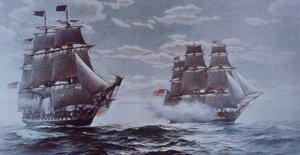 美国海军宪法号和爪哇号（彩色平印）。 作者 沃尔特·查尔斯·米尔斯