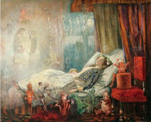 ""Le reve apres le bal masque"" (The dream after the masked ball) Peinture de John Anster Fitzgerald (1832-1906), - Oil on canvas, 35,5x44,5 - Private Collection 作者 约翰·安斯特·菲茨杰拉德
