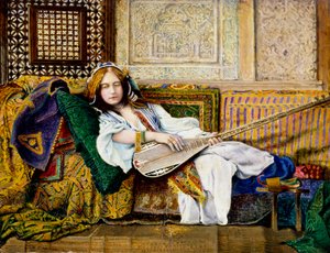 "在后宫"，东方女子躺在沙发上，手持一把琵琶。约翰-阿特金森-格里姆肖（1836-1893 年）的画作 作者 约翰·阿特金森·格里姆肖