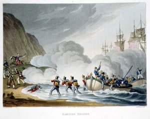 登陆部队，由Matthew Dubourg(fl.1813-20)雕刻，出自《历史、军事和海军轶事》，由Edward Orme(1774-c.1820)出版，1817年（水印）。 作者 约翰·奥古斯都（之后）阿特金森