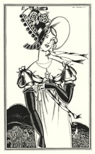 拜伦勋爵为《唐璜》绘制的插图：美女戴的帽子（石版画）