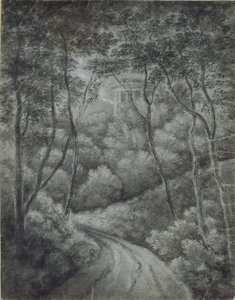 景观与森林和古典寺庙的路径（软石墨和蓝纸上的白色粉笔）