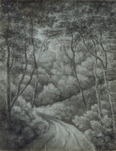 穿过森林的小路和古典的寺庙的风景，18世纪末。 作者 约翰·浸信会