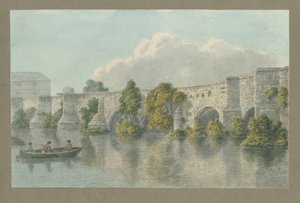 特伦特河畔伯顿大桥和小镇：水彩画，nd [？18th cent] 作者 约翰·巴克勒