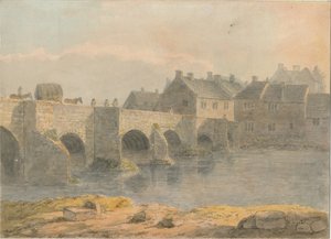 特伦特河畔伯顿大桥和小镇：水彩画，nd [？18th cent] 作者 约翰·巴克勒