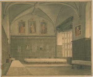 剑桥郡-[？]大学的大厅-内部景观，1818年 作者 约翰·巴克勒
