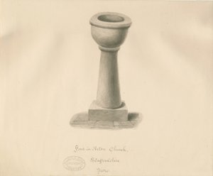 Acton Trussell教堂的字体：棕褐色绘画，1841年 作者 约翰·巴克勒