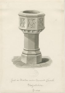 Norton Canes Church中的字体：棕褐色水墨画，1843年 作者 约翰·巴克勒