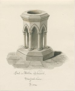 Walton-on-the-Hill 教堂的字体：棕褐色水洗画 作者 约翰·巴克勒