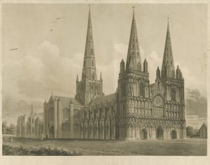 利奇菲尔德大教堂（Lichfield Cathedral）-西北景观：浅绿色版画，编号[1807] 作者 约翰·巴克勒