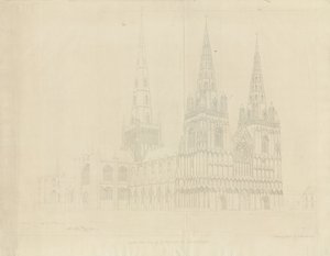 利奇菲尔德大教堂-西北景观：蚀刻，1807年 作者 约翰·巴克勒