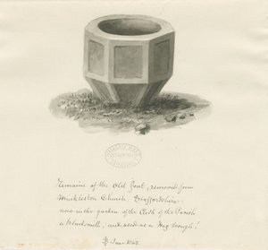 Mucklestone Church 的旧字体：棕褐色水洗图，1843 年 6 月（绘图） 作者 约翰·巴克勒