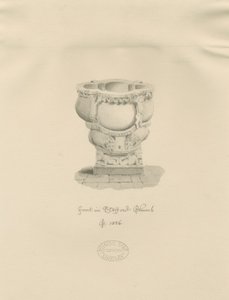 斯塔福德-圣玛丽教堂的字体：深褐色绘图，1826年 作者 约翰·巴克勒